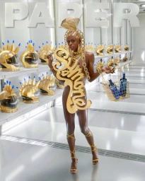 Model with elaborate gold jewelry and diamond headpiece holding a sign and basket inside a futuristic white store setting.