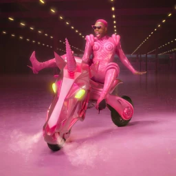 A person in a bright pink latex bodysuit riding a pink unicorn motorcycle in a monochromatic pink indoor space.