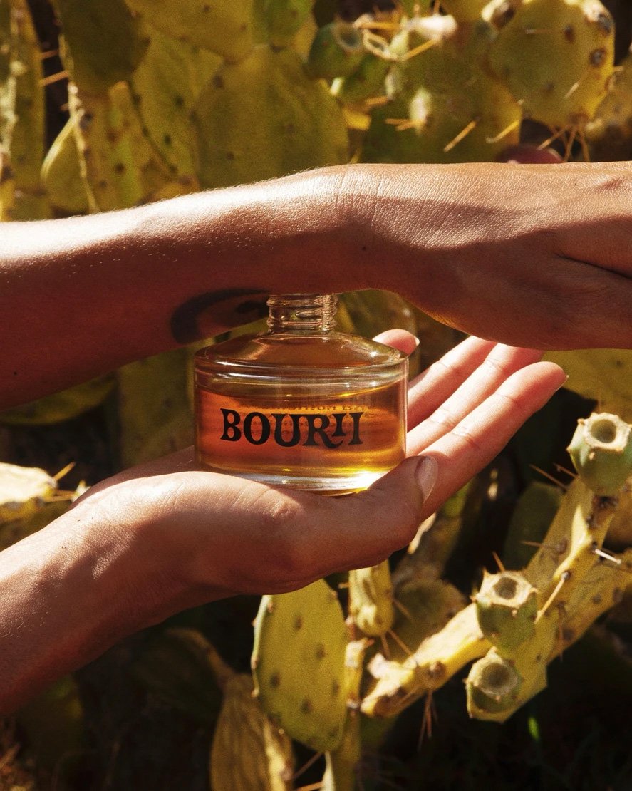 Close-up studio shot features a person's hands holding a BOURIi branded bottle against a cactus plant backdrop.