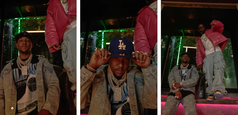 Three panel composite image of two men wearing streetwear clothing including a denim jacket and Los Angeles baseball cap.