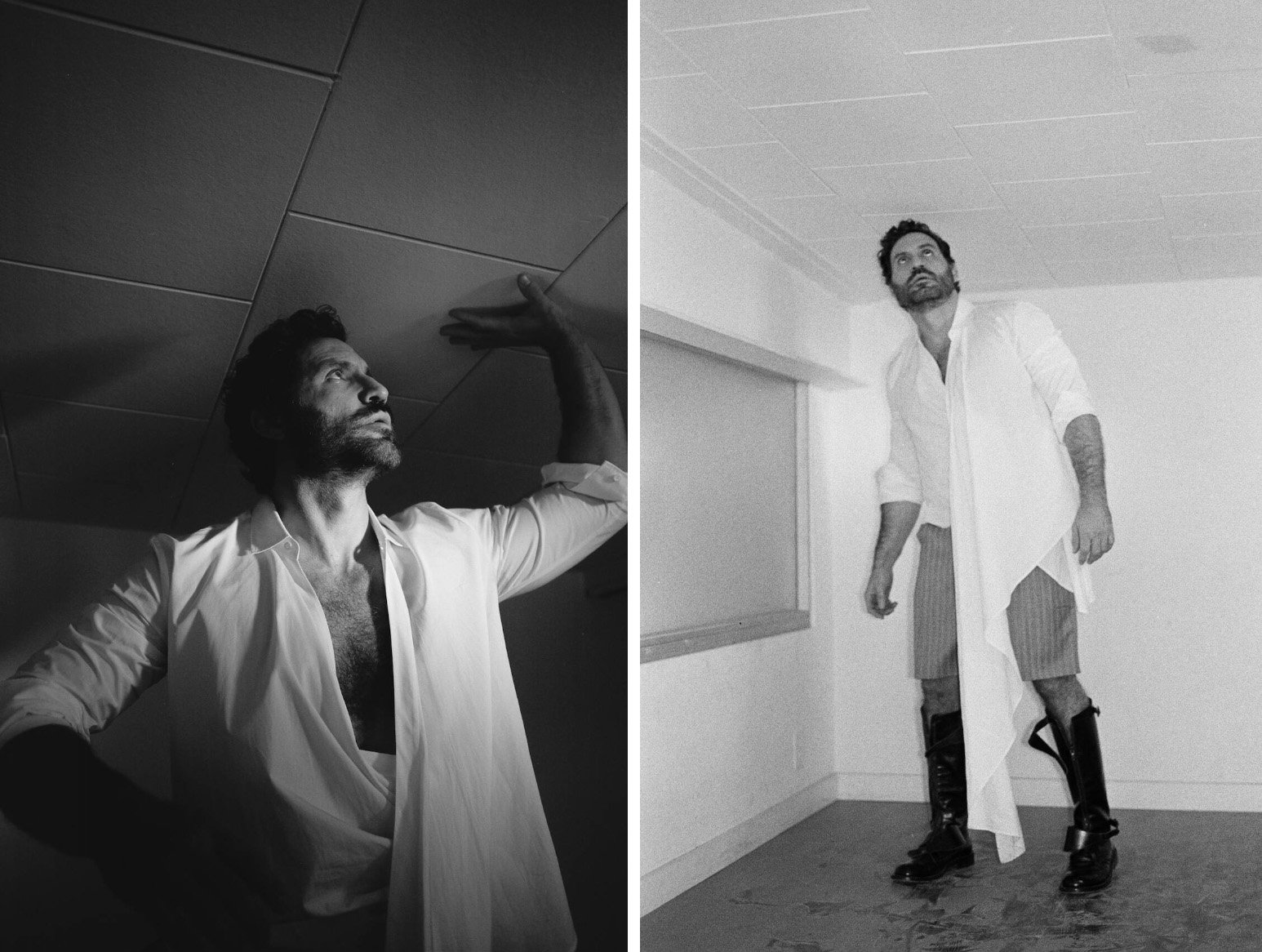 Black and white portrait of a bearded man wearing an asymmetrical white shirt and tall boots, photographed by Robin Harper.