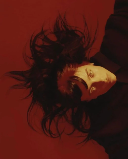 Dramatic close-up portrait of a woman with dark, windswept hair against a vibrant red backdrop, showcasing intense, focused gaze.