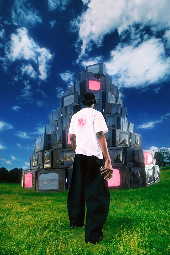 A person standing in a field faces a pyramid of vintage televisions against a blue sky with clouds, creating a surreal and unique composition.