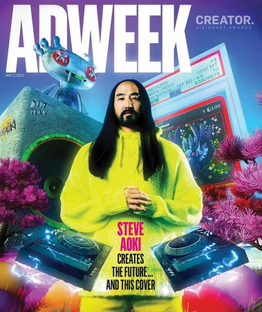 Magazine cover featuring Steve Aoki wearing yellow knit sweater, DJ equipment, and anime-style art against purple floral background.