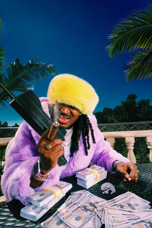 Adult male with money and a cigar outdoors against a blue sky backdrop with palm trees, wearing a fur coat and hat.