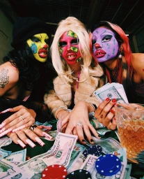 Three models with colorful painted face makeup and elaborate long fake nails posing over a table scattered with cash and poker chips.