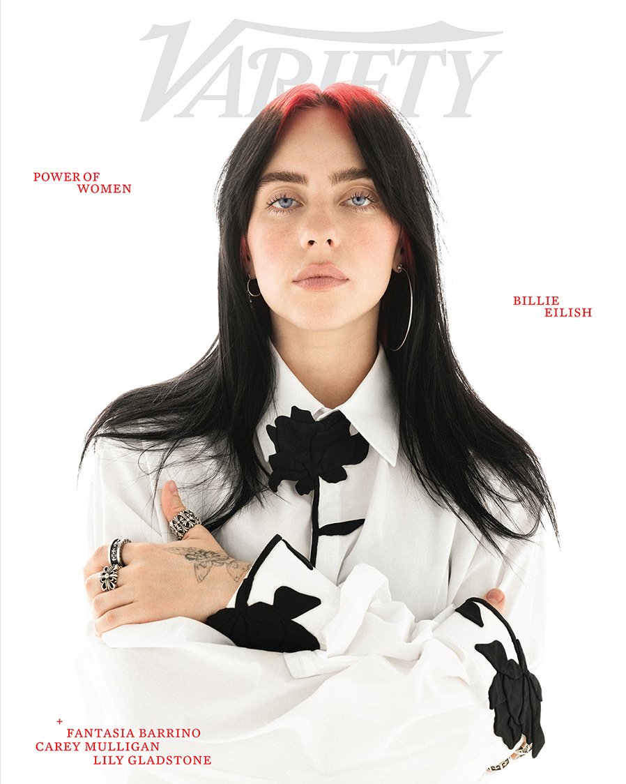 Variety magazine cover featuring Billie Eilish in a white shirt with black floral detail against a bright white background.