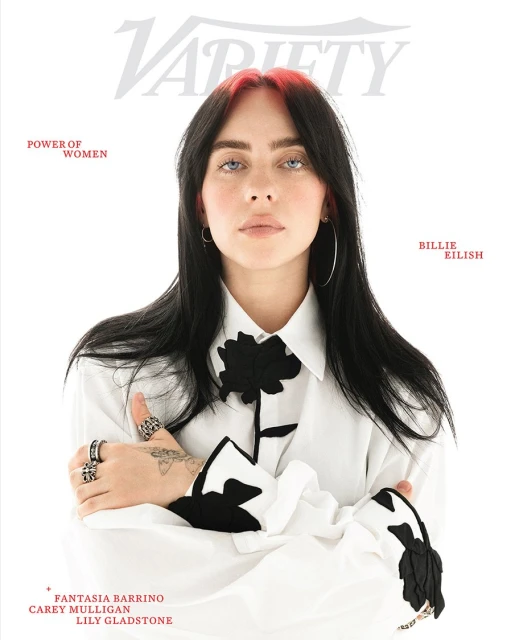 Variety magazine cover featuring Billie Eilish in a white shirt with black floral detail against a bright white background.