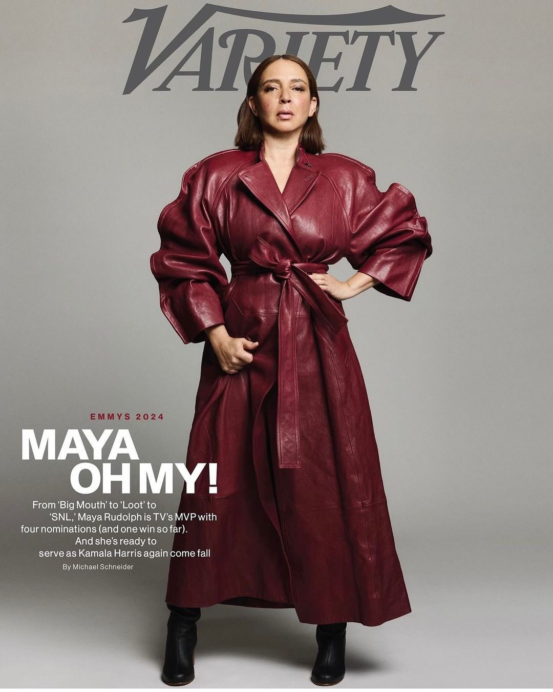Maya Rudolph is featured on a Variety magazine cover, wearing a long red leather coat and black boots against a light gray backdrop.