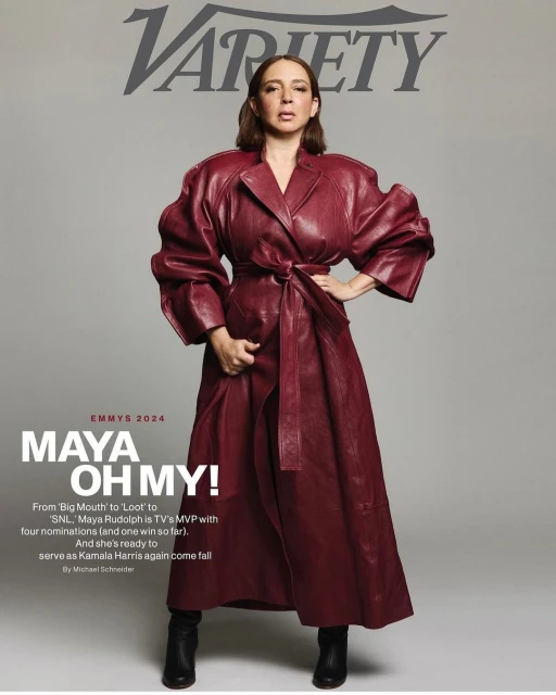 Maya Rudolph is featured on a Variety magazine cover, wearing a long red leather coat and black boots against a light gray backdrop.