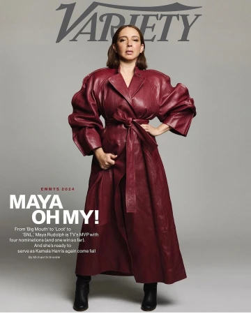 Maya Rudolph is featured on a Variety magazine cover, wearing a long red leather coat and black boots against a light gray backdrop.