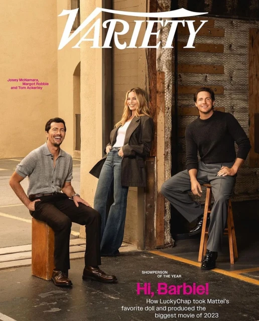 Variety Magazine cover featuring Josey McNamara, Margot Robbie, and Tom Ackerley, promoting 'Barbie!' movie, set against an industrial backdrop.