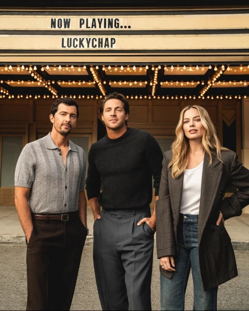 Three people stand in front of a theater. Two men wear grey sweaters, one with a buttoned collar. A woman wears a white top and blazer.