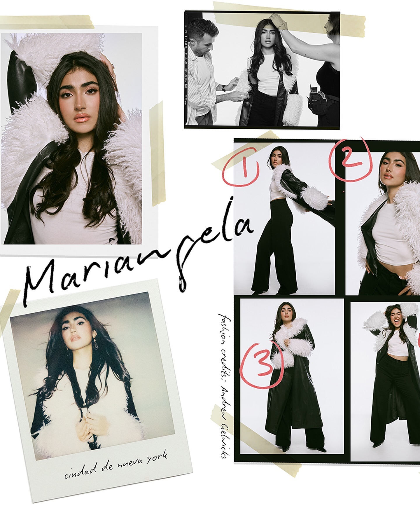 Collage of fashion photographs featuring a woman wearing a fur-lined jacket, showcasing various poses and details against a white backdrop.
