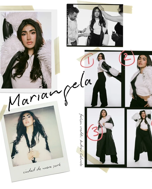 Collage of fashion photographs featuring a woman wearing a fur-lined jacket, showcasing various poses and details against a white backdrop.