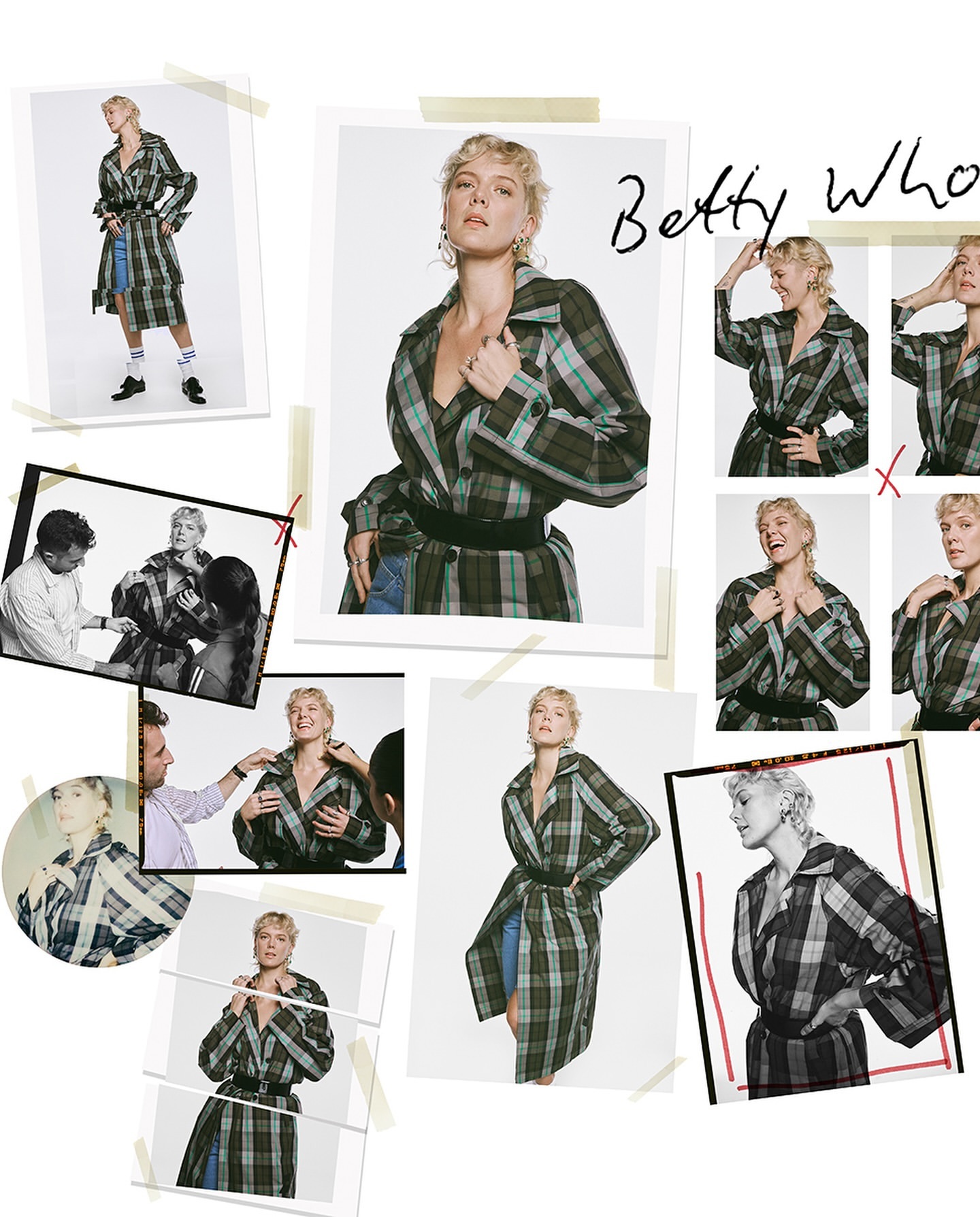 Collage of a woman wearing a plaid trench coat in a photo studio, creating a dynamic and fashionable fashion editorial layout.