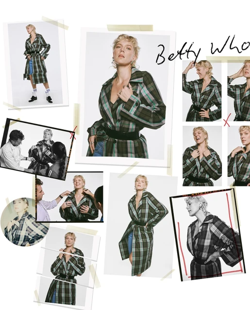 Collage of a woman wearing a plaid trench coat in a photo studio, creating a dynamic and fashionable fashion editorial layout.