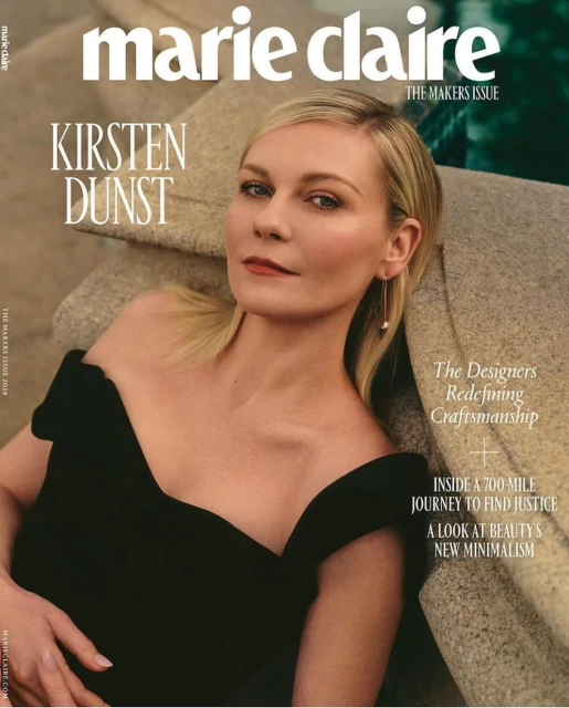 Magazine cover featuring Kirsten Dunst with the title Marie Claire. Dunst is wearing a black dress with fair skin and blonde hair.