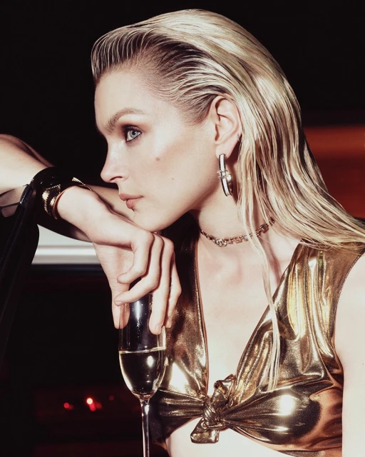 Elegant woman with blonde slicked-back hair and gold crop top leans on her arm with a glass of champagne, indoor setting with warm lighting.