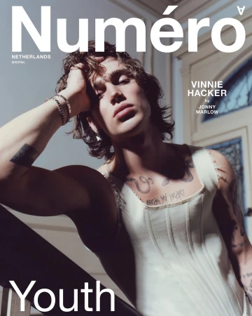 Magazine cover featuring a shirtless adult male model, Vinnie Hacker, with tattoos, shot at eye-level in a casual pose against a neutral background.
