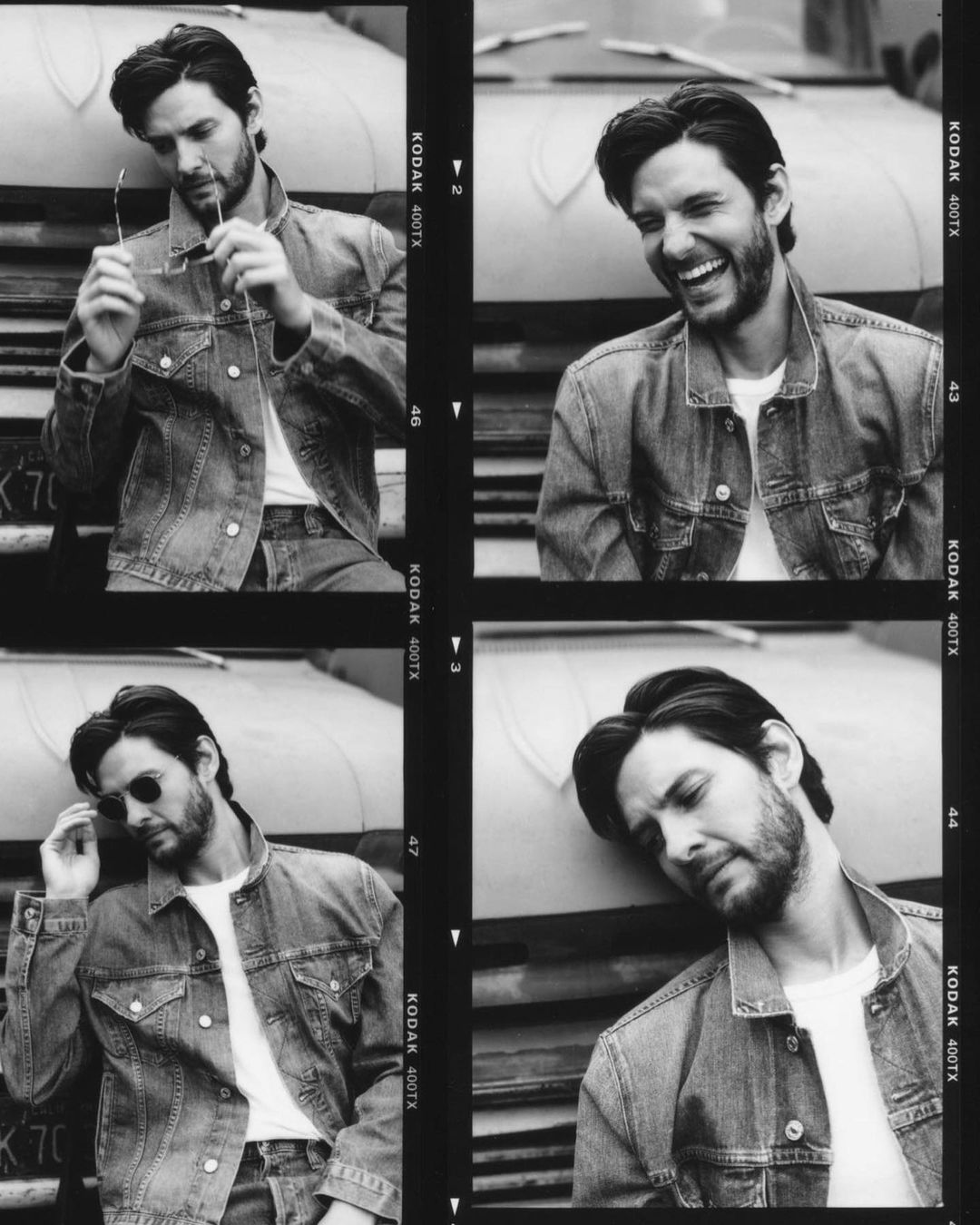 Black and white photograph showcasing a man in a denim jacket, captured in a multi-panel layout with varying poses and expressions.