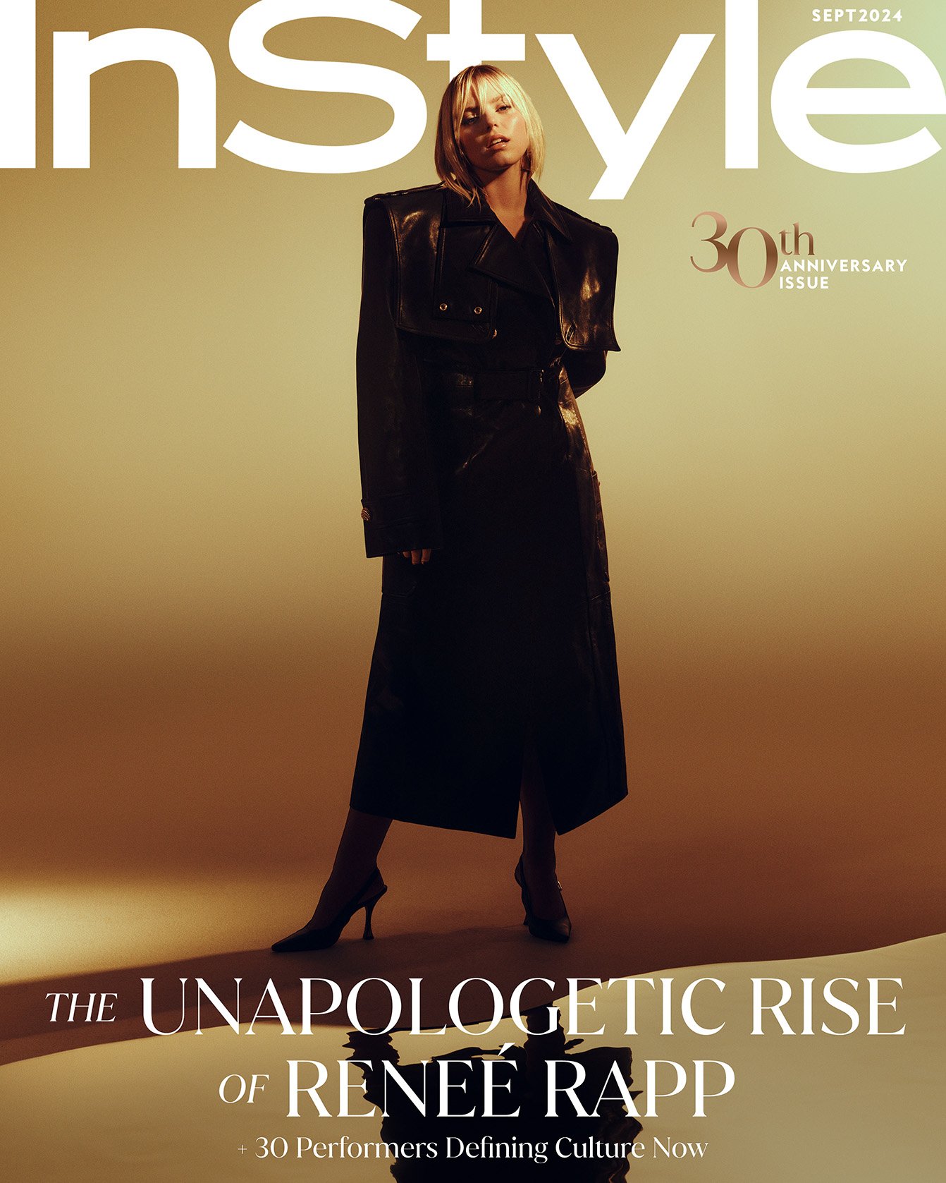 Singer and actress Renee Rapp on the cover of InStyle, September 2024, 30th Anniversary issue, wearing a black coat and heels against a tan background.