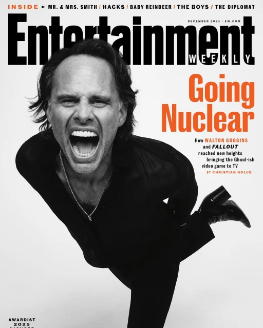 Entertainment Weekly magazine cover featuring actor Walton Goggins, black and white tones with pops of orange for the magazine's title.