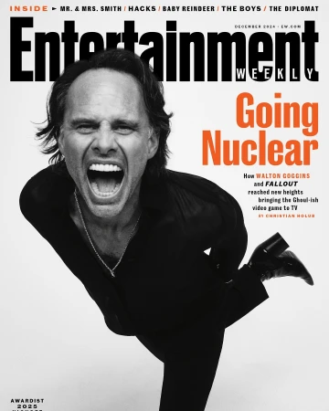 Entertainment Weekly magazine cover featuring actor Walton Goggins, black and white tones with pops of orange for the magazine's title.