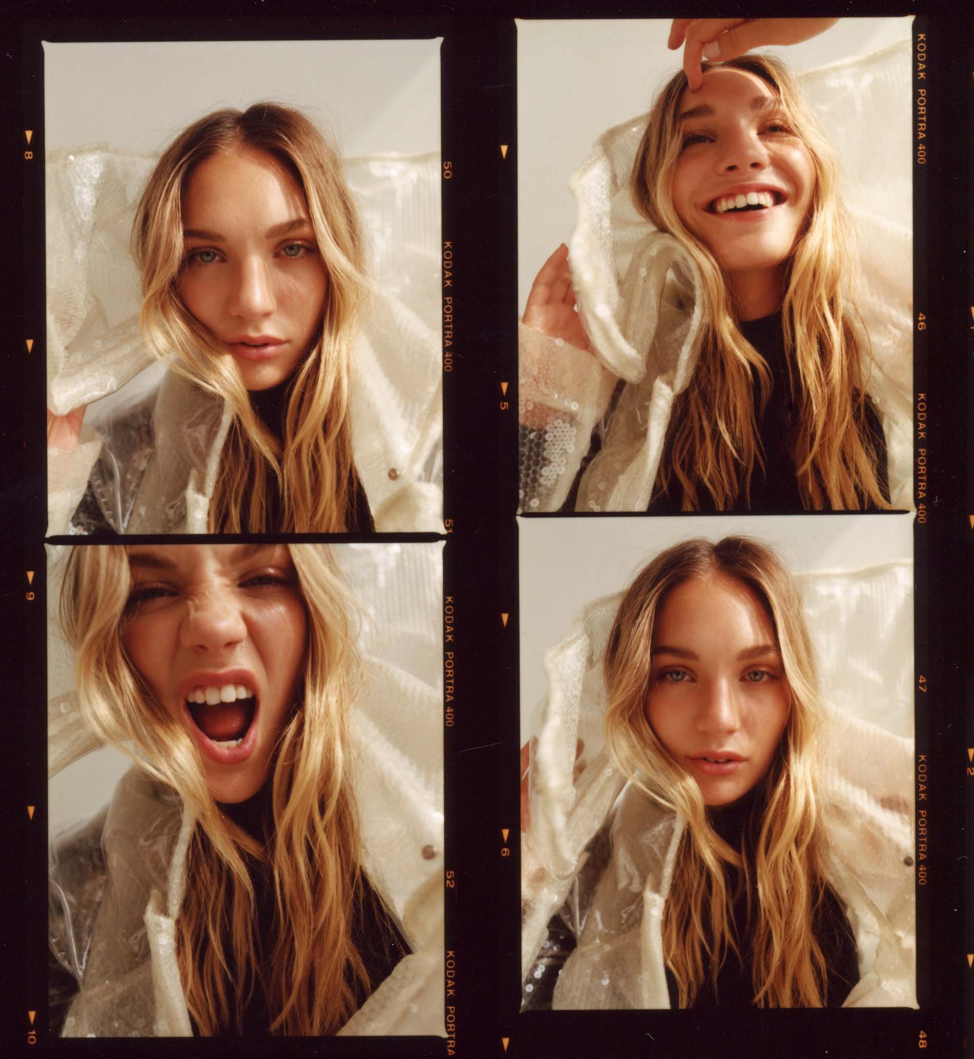 Young woman poses in four different frames, wearing a translucent sequin jacket against a light backdrop with dark filmstrip borders.