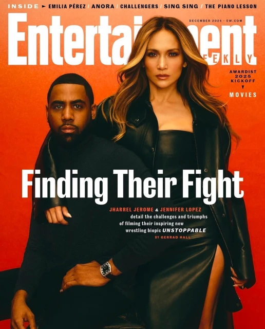 Entertainment Weekly cover featuring Jharrel Jerome and Jennifer Lopez in black leather attire on an orange background with magazine text.