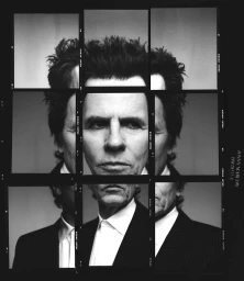 Black and white contact sheet mosaic portrait of a man in a dark suit by photographer Jonny Marlow.