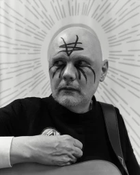 Portrait of Billy Corgan with black face paint markings wearing a black top holding an acoustic guitar by Jonny Marlow