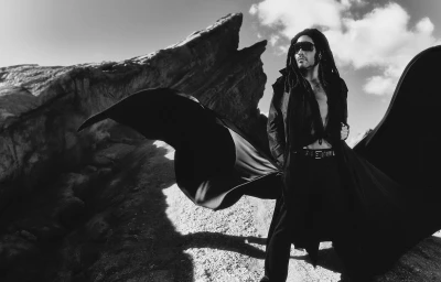 Lenny Kravitz wearing sunglasses and a long black coat with a dramatic cape billowing in the wind against rocky terrain.