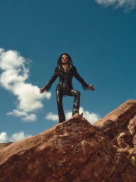 A man with dreadlocks wearing a black fringed jacket and sunglasses standing atop a rocky outcrop against a blue sky