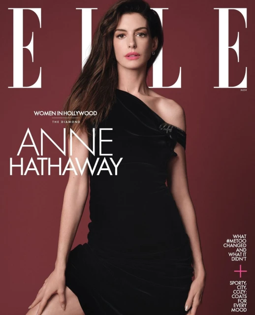 Anne Hathaway poses in a one-shoulder black dress on the cover of Elle magazine. 'Women in Hollywood' issue.