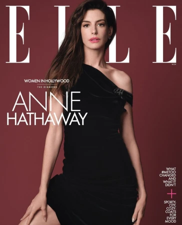 Anne Hathaway poses in a one-shoulder black dress on the cover of Elle magazine. 'Women in Hollywood' issue.