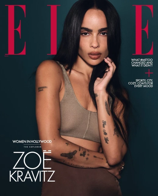 Elle magazine cover featuring Zoe Kravitz in a tan top and brown bottoms, with the magazine's title in red and additional text.