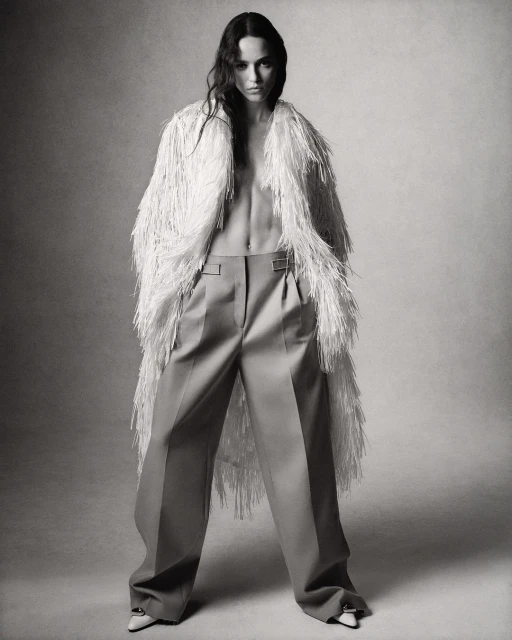 Fashion shot of a woman in wide-leg pants and a fringed coat, posing in a studio with medium shot and monochromatic palette.