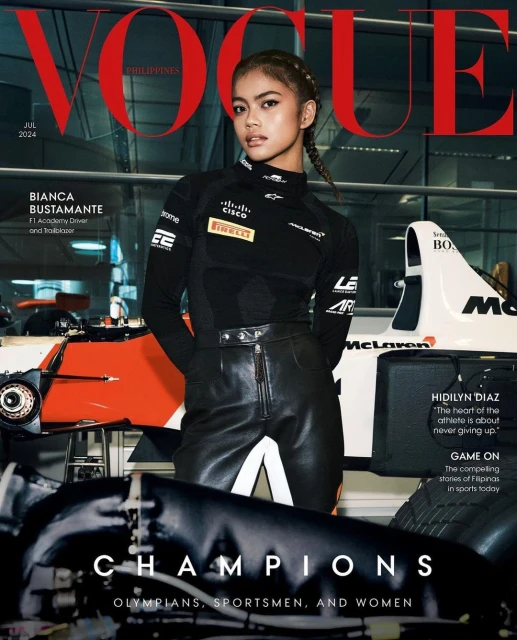 Vogue Philippines cover featuring Bianca Bustamante, F1 Academy Driver, in racing attire next to a race car. July 2024 issue. Bold magazine masthead.