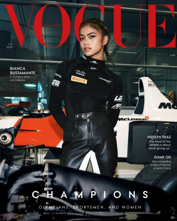 Vogue Philippines magazine cover featuring Bianca Bustamante in racing attire posing with race cars, set against a vibrant red backdrop.