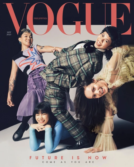 Vogue Philippines cover, May 2023 issue featuring four young women in a playful composition, showcasing diverse fashion styles and joyful expressions.