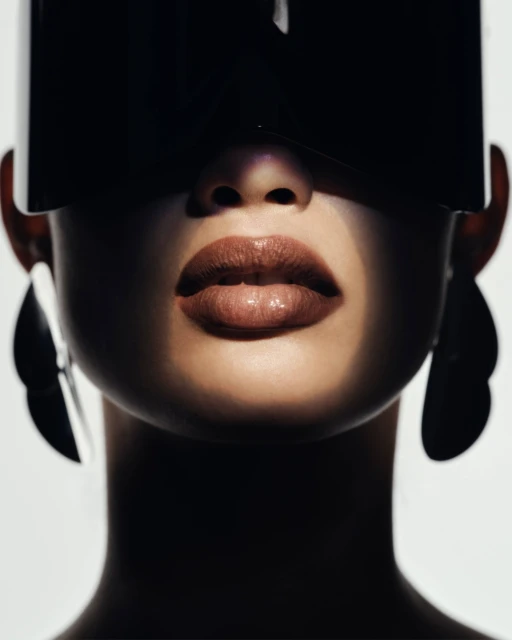 Close-up of a woman's face with shiny lips and large, geometric earrings, partially obscured by a dark, visor-like shape creating a strong light contrast.