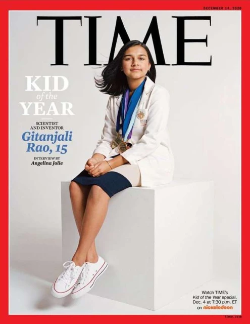 Time Magazine cover featuring Gitanjali Rao, a young scientist and inventor, sitting on a white cube against a white backdrop in a studio.
