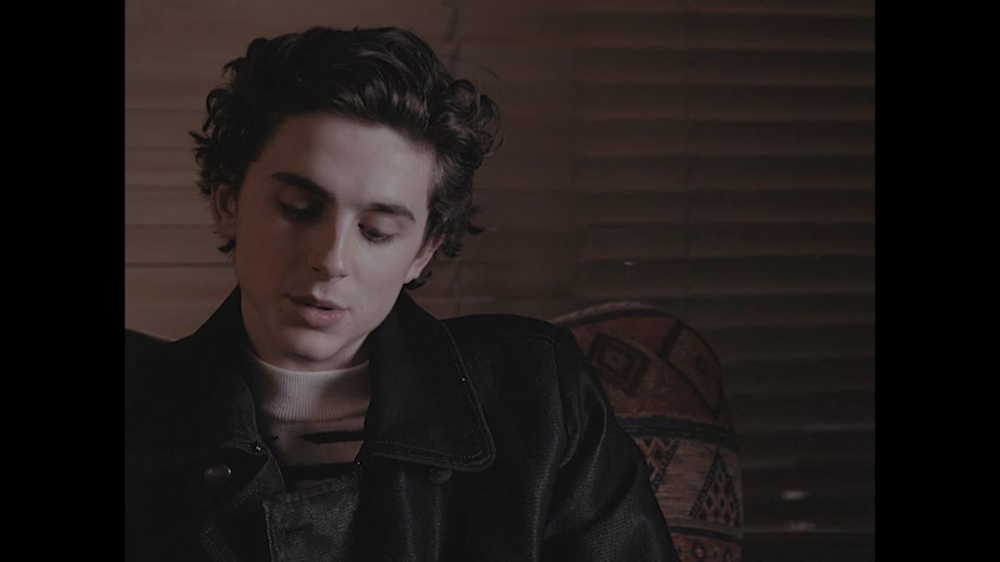 Portrait of Timothée Chalamet in a dark jacket, indoors with brown wooden background and a patterned decorative pot visible to the right.