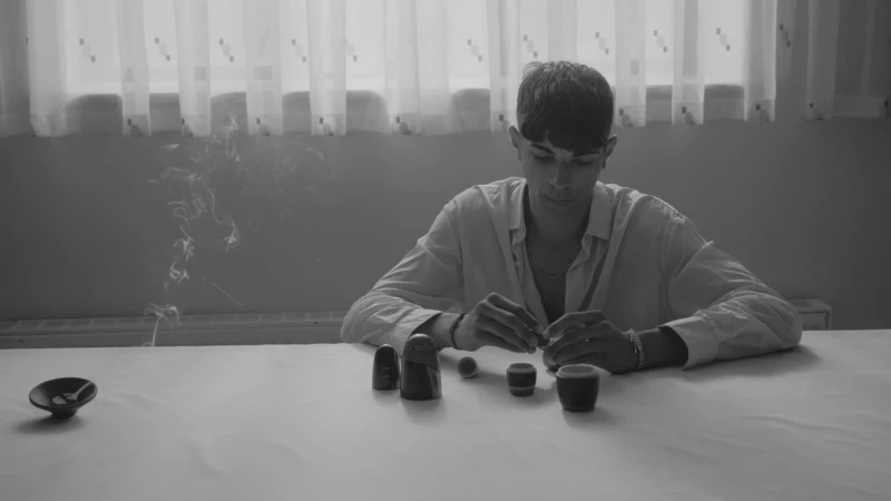 Monochrome image of a young man sitting at a table with Russian nesting dolls, smoke rising in background, creating a contemplative indoor scene.