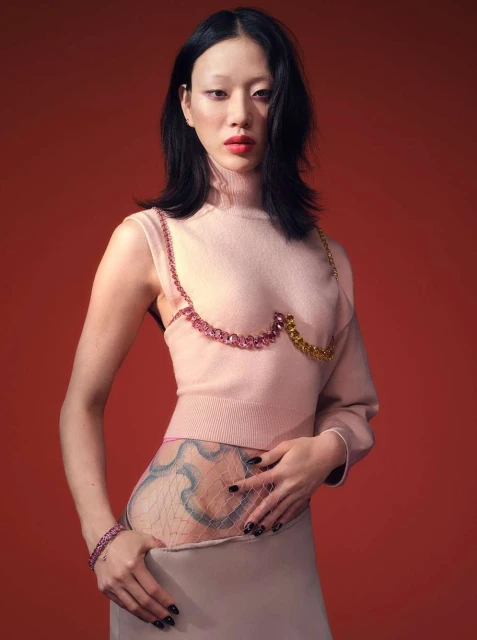 Asian woman poses in a pale pink top with gemstone detail, a pale skirt, and a sheer hip covering on a red background in a studio shot.