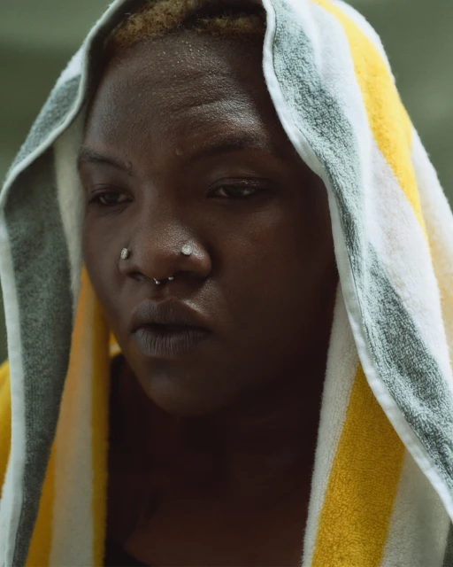 Close-up of a person with dark skin and facial piercings, wearing a striped towel over their head, looking downward in natural light.