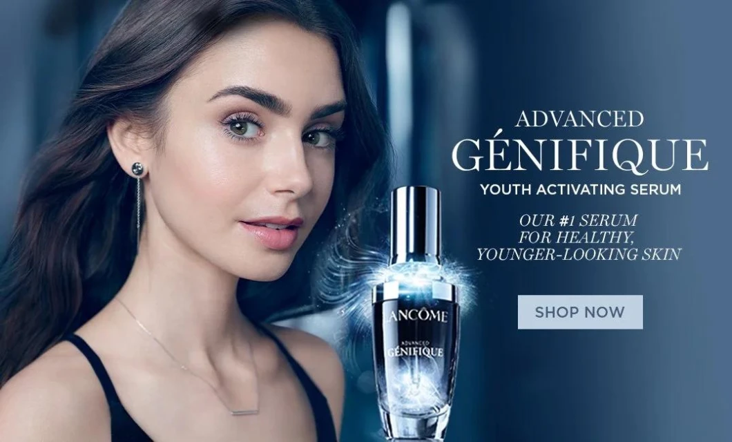 Elegant beauty ad featuring a model and Lancôme serum. Focus on skincare promotion with advanced youth-activating formula and product shot.