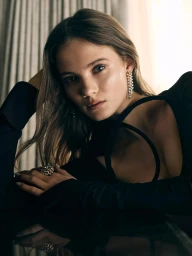 Close-up portrait of a woman in a black dress wearing pearl drop earrings and a statement ring, photographed by Sharif Hamza.