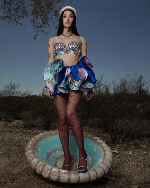 Woman poses in seashell bra and sculptural skirt standing in a vintage water fountain in a dry, open landscape on a sunny day.